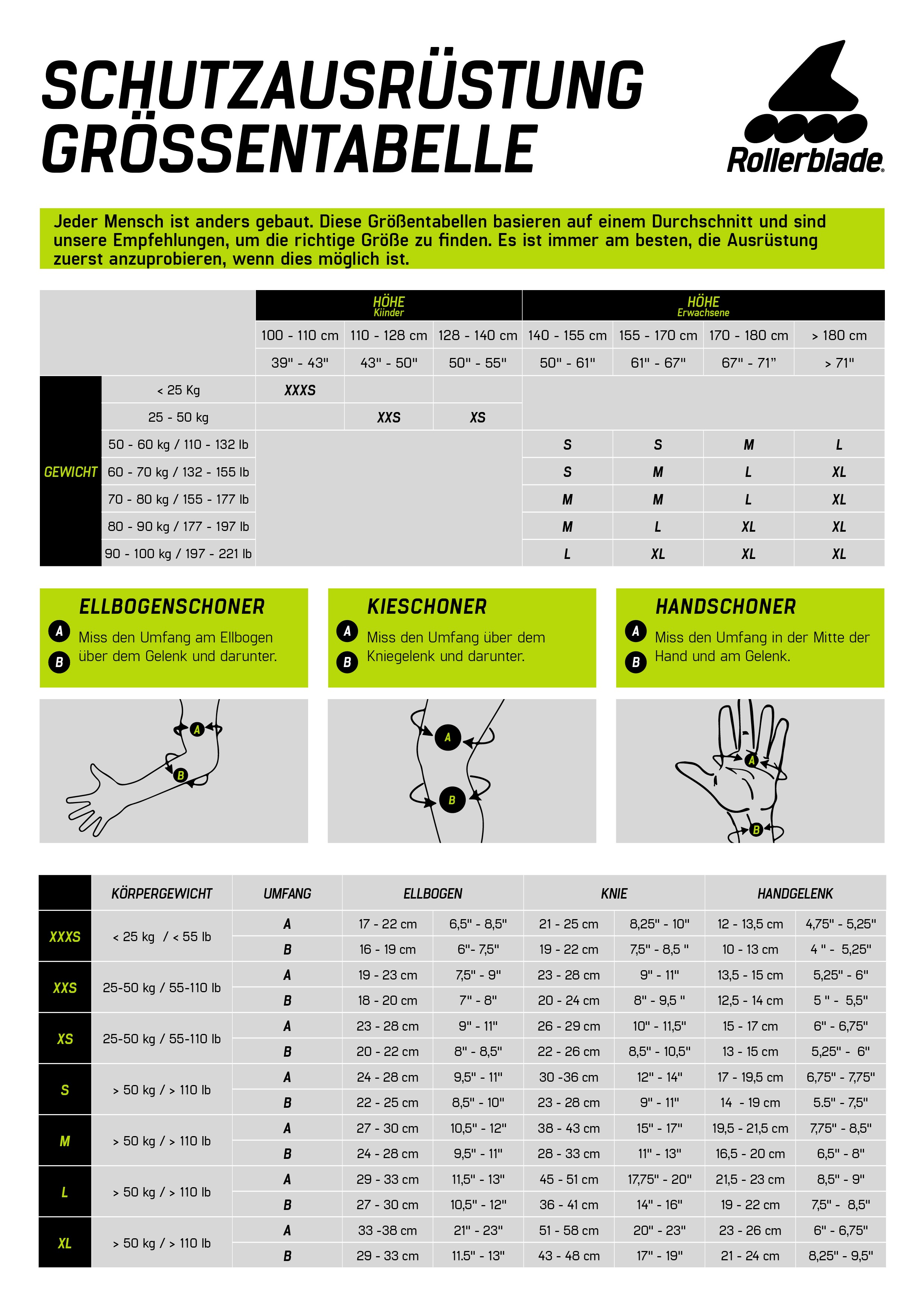 Rollerblade Kinder Schützer Größentabelle