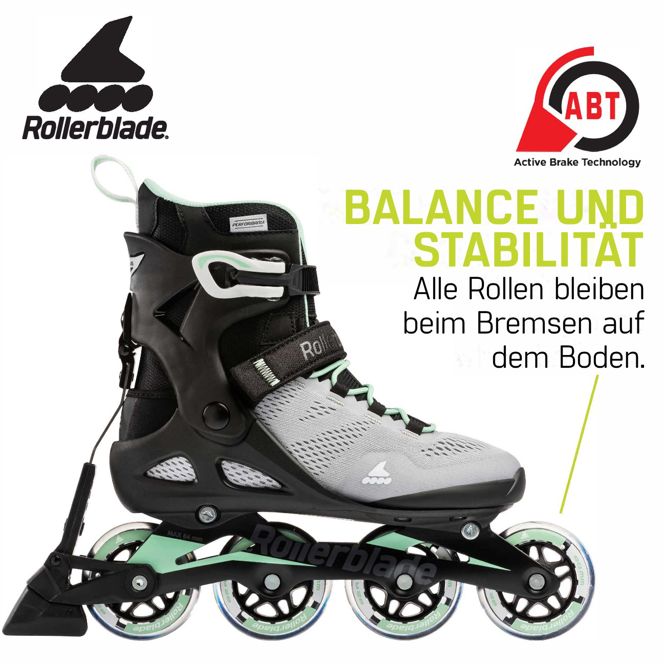 Rollerblade ABT Bremssystem - Stabilität und Balance beim Bremsen. Alle Rollen bleiben beim Bremsen mit dem ABT Bremssystem auf dem Boden.